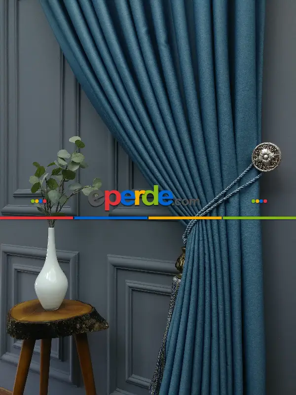 Yatak Odası - Modern Keten Görünümlü Işık Geçirmez Karatma Fon Perde 2021 Ikon- Mavi Koyu-turkuaz