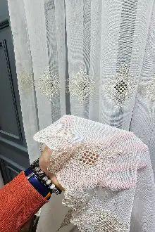 Salon Tül - Gold Altın Bohre Damask İşlemeli Salon Model Tasarım Pileli Tül Perde