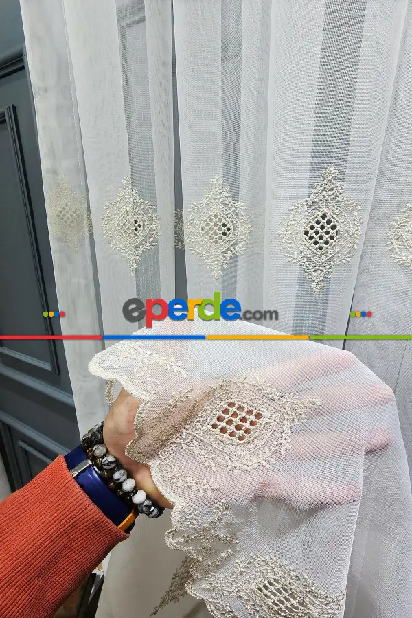 Salon Tül - Gold Altın Bohre Damask İşlemeli Salon Model Tasarım Pileli Tül Perde