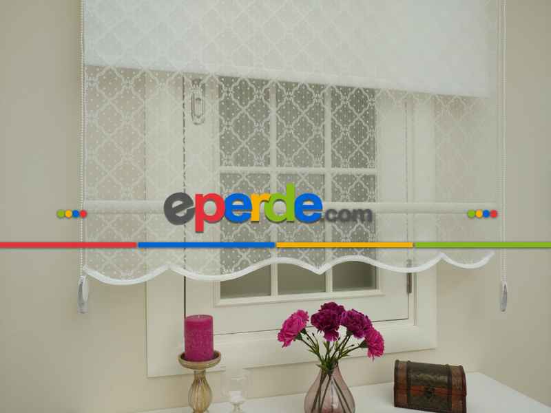 Jakar Örme Tül- Ekru Çiftli Sistem Dantel Desenli Perde- Ekru