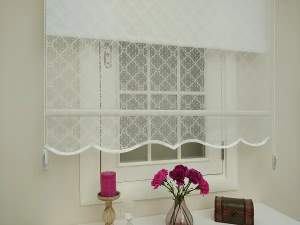 Jakar Örme Tül- Ekru Çiftli Sistem Dantel Desenli Perde- Ekru