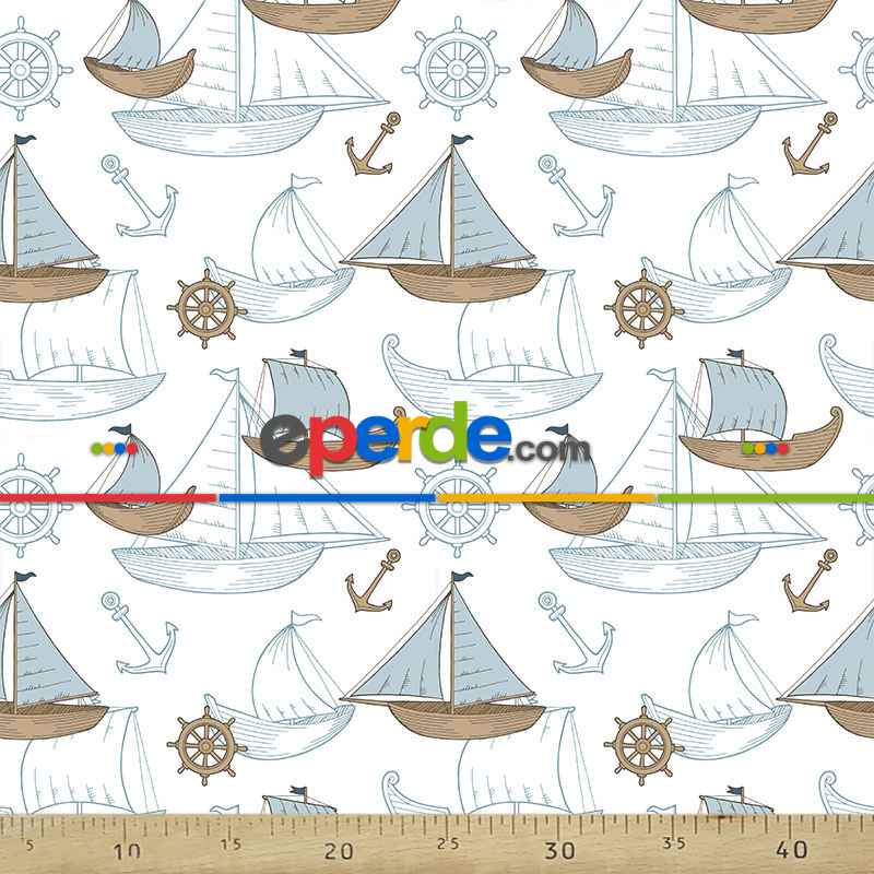 Marine Kayık Desenli Fon Perde Evm669 Kumaşı Kalındır Duck Bezi Değildir- Mavi-Beyaz