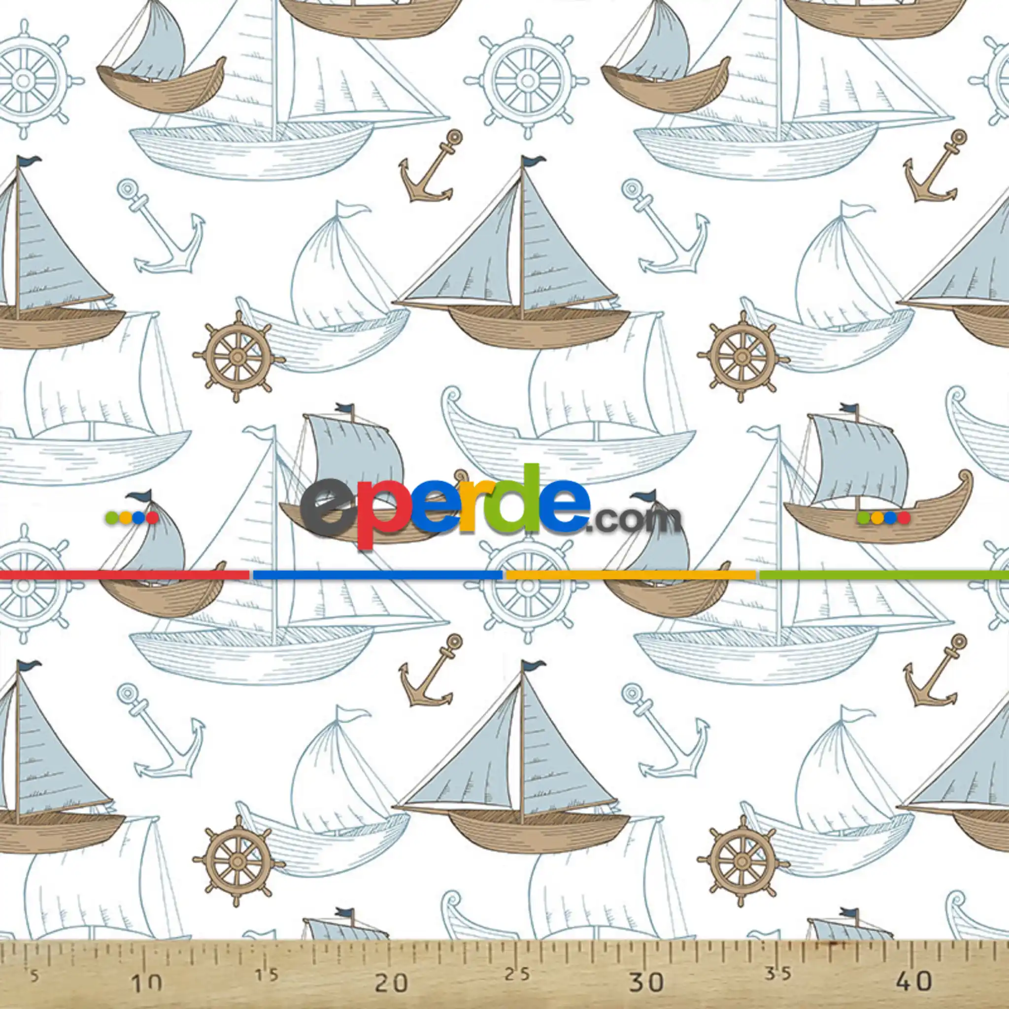 Marine Kayık Desenli Fon Perde Evm669 Kumaşı Kalındır Duck Bezi Değildir- Mavi-Beyaz