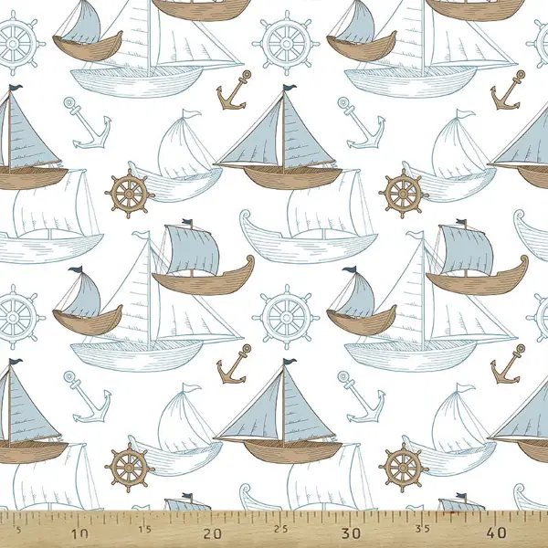 Marine Kayık Desenli Fon Perde Evm669 Kumaşı Kalındır Duck Bezi Değildir- Mavi-Beyaz