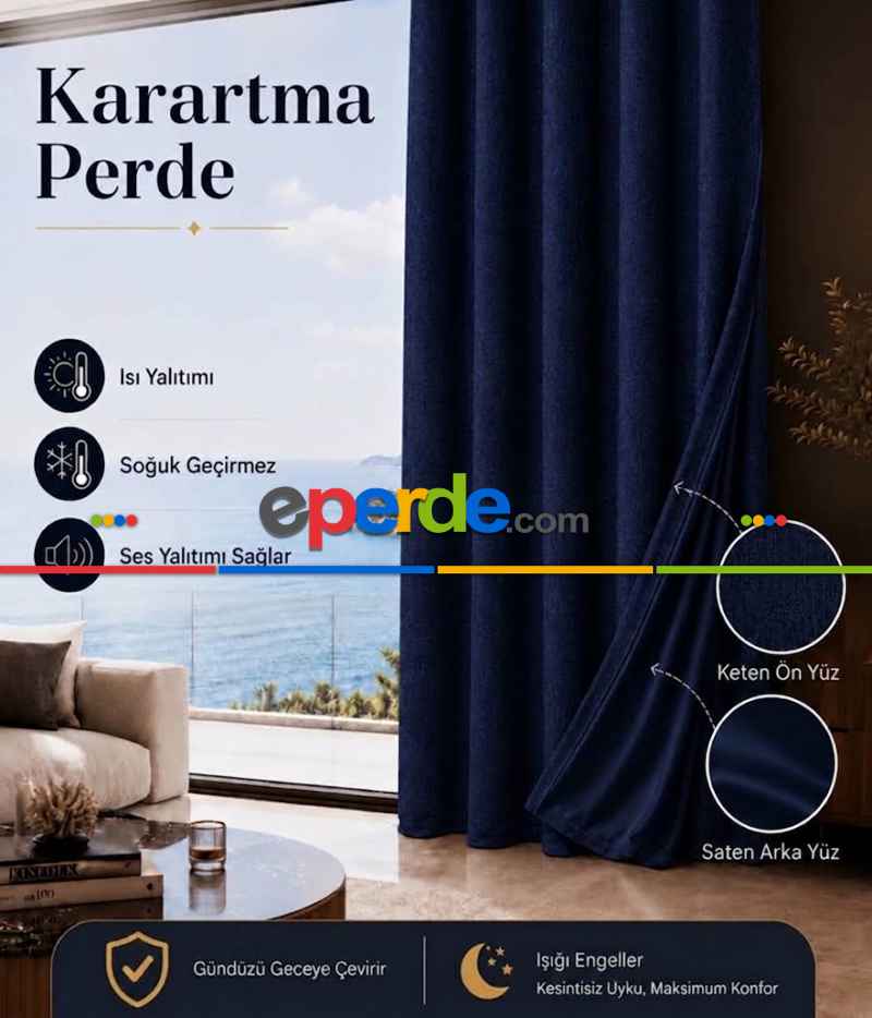 Keten Lacivert Kalın Güneşlik Blackout Kararma Fon Perde Düz Dikim