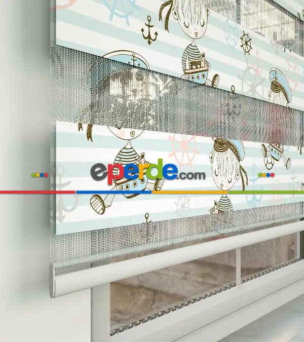 Bebek Odası Zebra -  Denizci Desenli Baskılı Zebra Perde- Çok Renkli