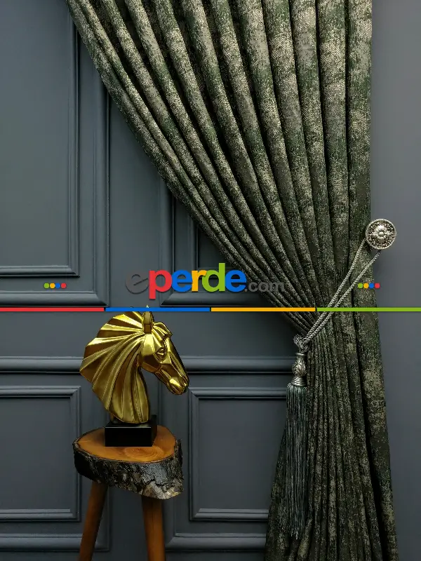 Yatak Odası Fon Patine Desenli Modern Desenli Jakarlı Fon Perde Yeni Seri 401- Haki Yeşil