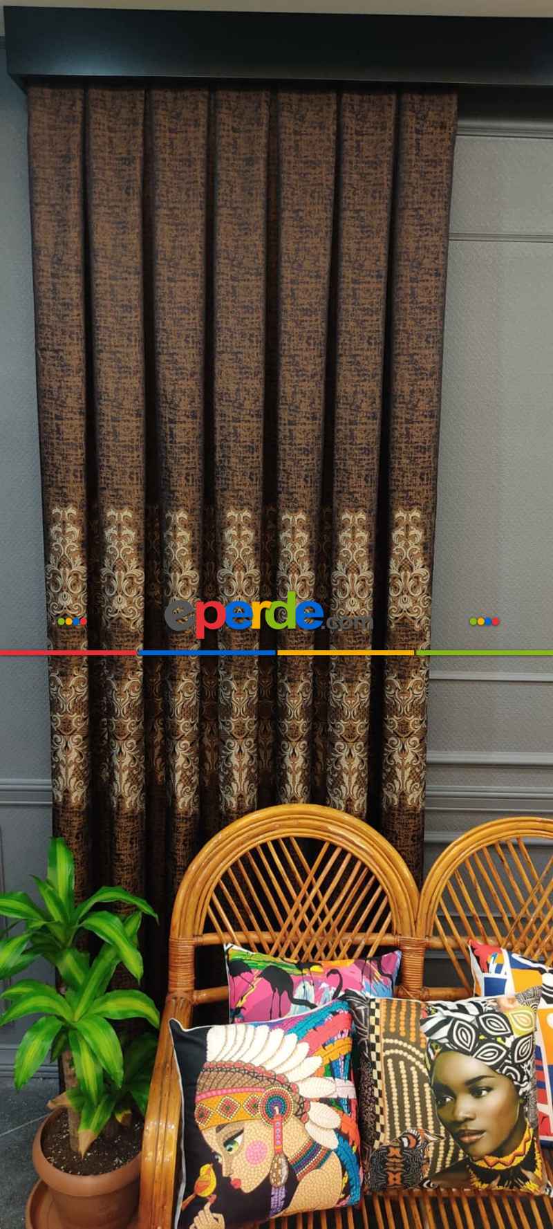 Salon Fon Perde - Kahverengi Desenli Fon Perde, Adet Fiyatıdır, İstediğiniz Boy Ölçüsünde Dikilir, Eni 50 İla 100cm Arası Seçenekler, Sık Piledir 50cm X 1cm 