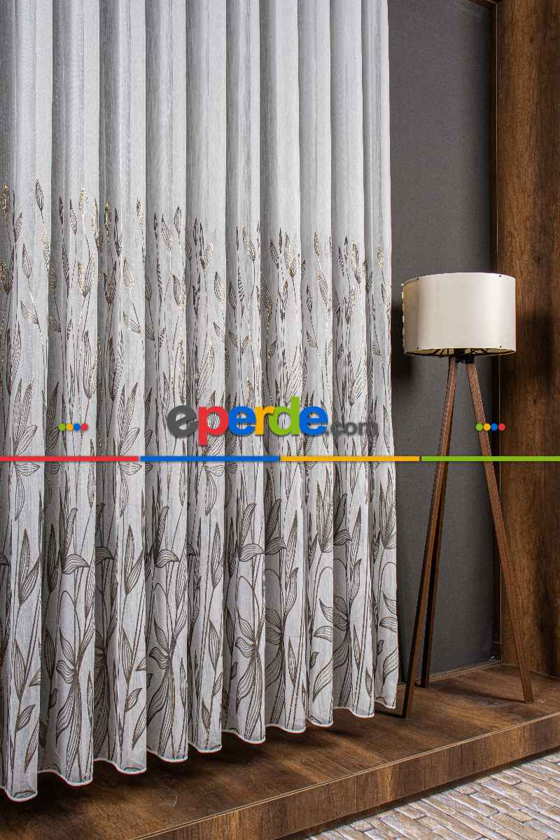 Oturma Odası - Altın/gümüş/bakır Kabartmalı Yaprak Desenli Tül Perde - Armür Dokuma Keten Efektli