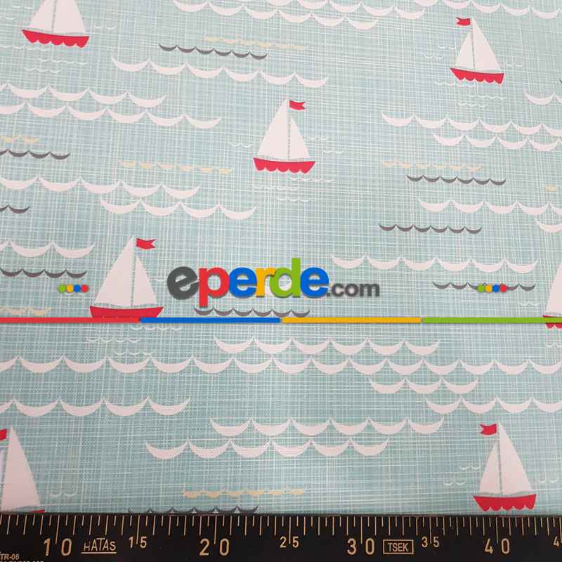 Bebek Odası Fon - Marine Kayık Desenli Fon Perde Evm670 Kumaşı Kalındır Duck Bezi Değildir- Mavi