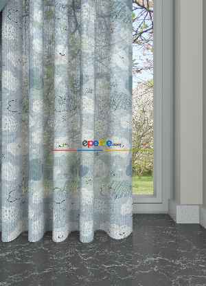 İndirimli Fiyat!! Açık Mavi Bulut Desenli Keten Zemin 1. Kalite Baskılı Sık Pileli Tül Perde - Çocuk Odası