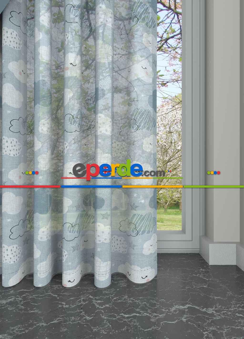 İndirimli Fiyat!! Açık Mavi Bulut Desenli Keten Zemin 1. Kalite Baskılı Sık Pileli Tül Perde - Çocuk Odası