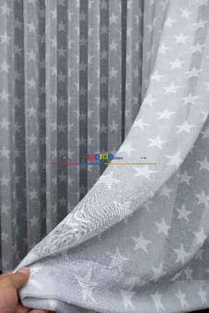 Kampanyalı Fiyat!! Gri Yıldız Desenli Keten Zeminli 1. Kalite Baskılı Etek Katlamalı Normal Pileli Tül Perde - Çocuk Odası