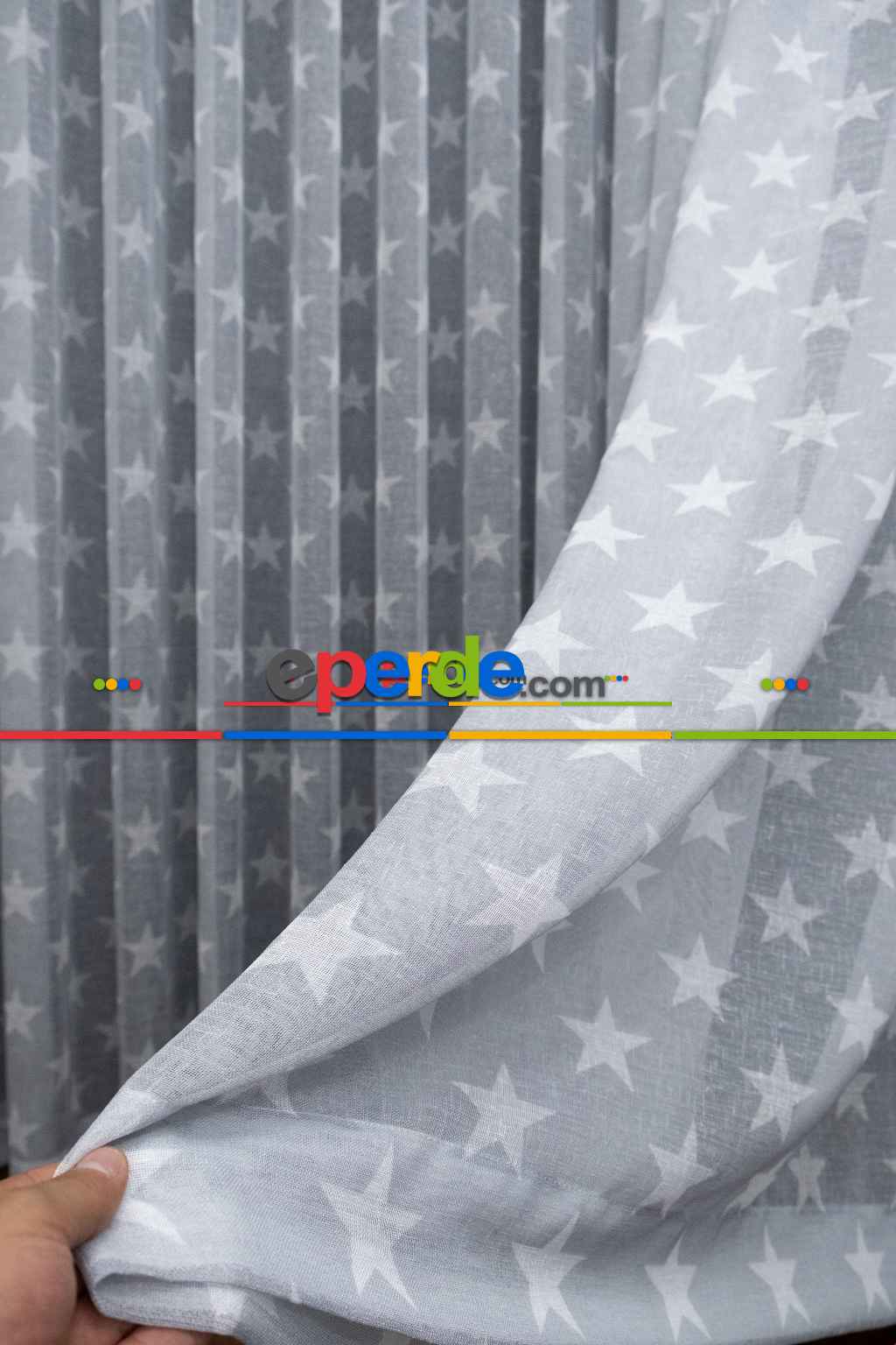 Kampanyalı Fiyat!! Gri Yıldız Desenli Keten Zeminli 1. Kalite Baskılı Etek Katlamalı Normal Pileli Tül Perde - Çocuk Odası