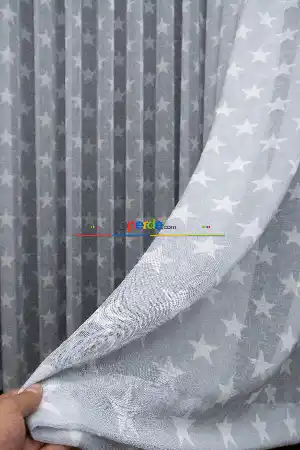 Kampanyalı Fiyat!! Gri Yıldız Desenli Keten Zeminli 1. Kalite Baskılı Etek Katlamalı Normal Pileli Tül Perde - Çocuk Odası