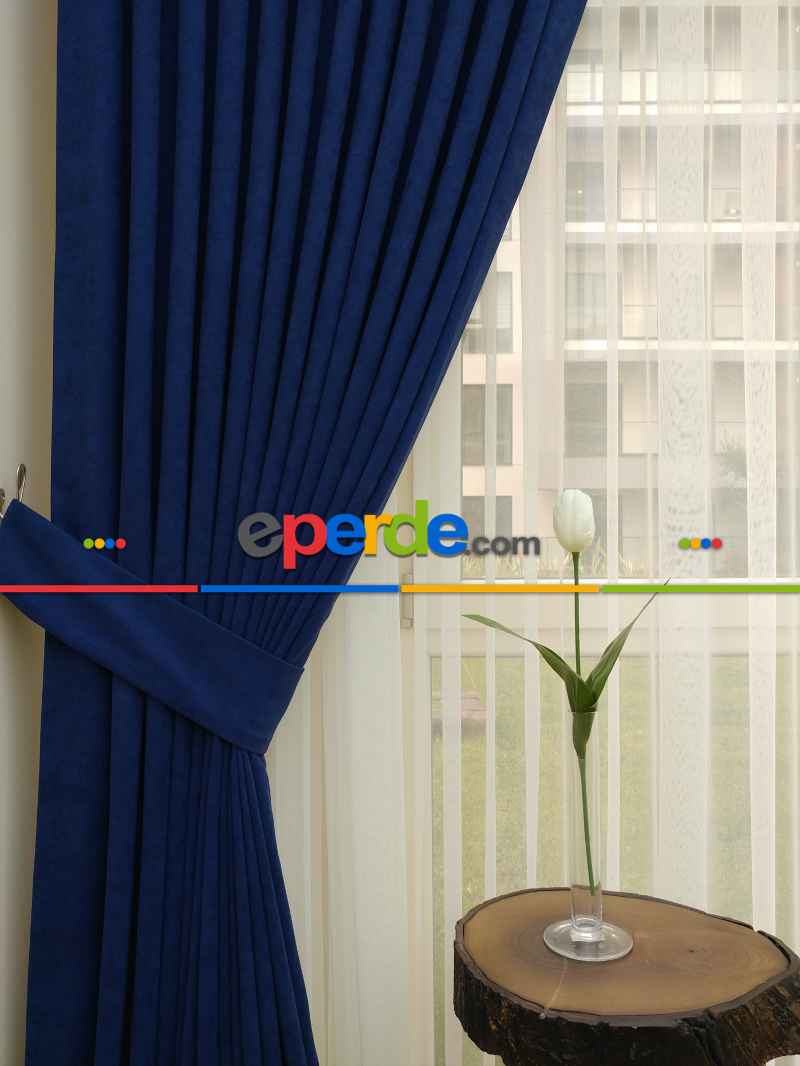 Oturma Odası - Parlement Mavi Düz Sade Fon Perde Dökümlü (  Dökümlü Fon)- Saks Mavi