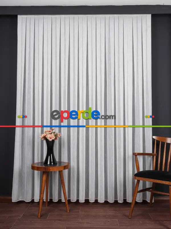 Bambu Zemin Noktalı Ve Çizgili Simli Düz Tül Perde Gramajlı