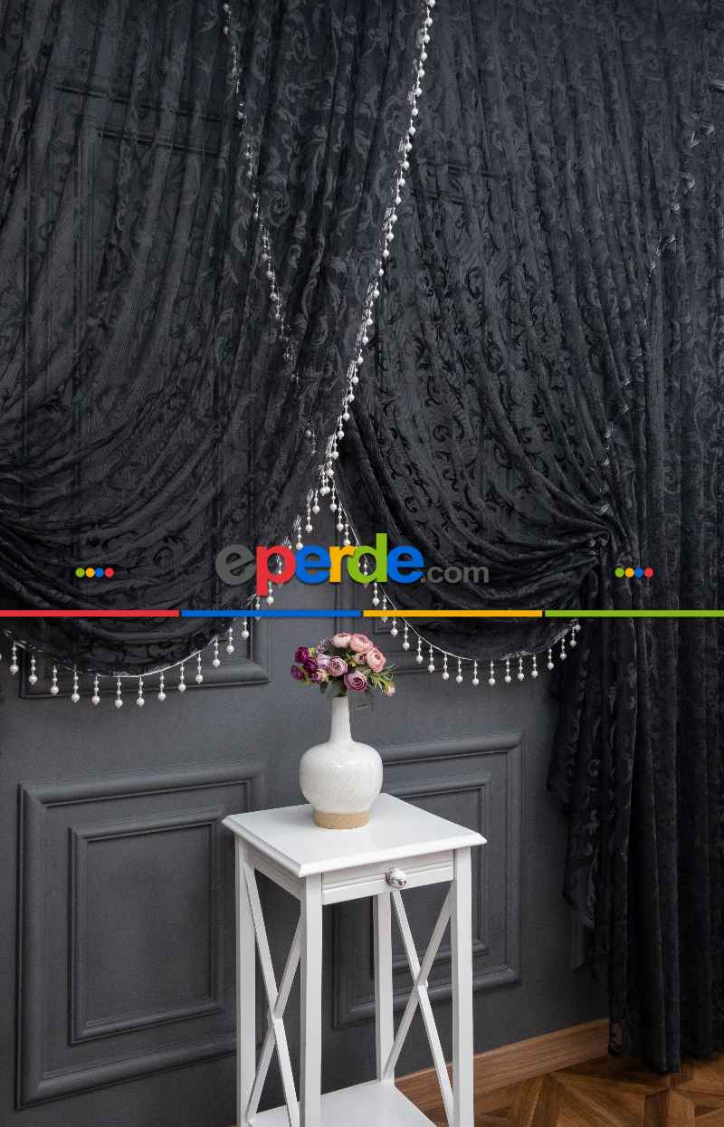 Siyah Sarmaşık Desen Tül Kruvaze Tül Perde Yanki Tül