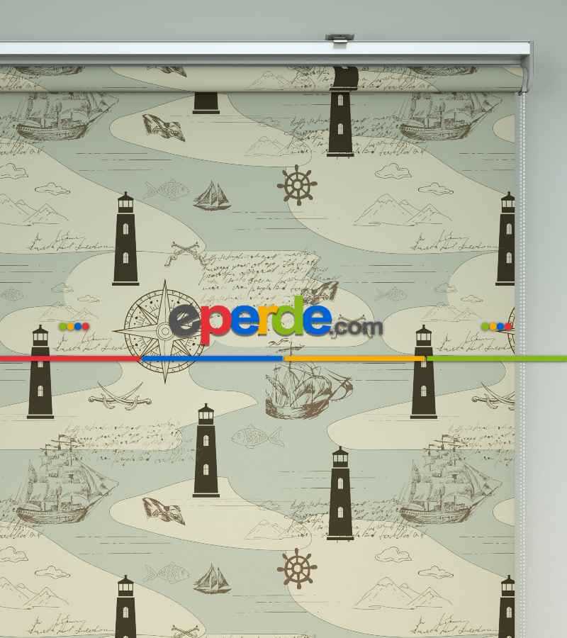 Çocuk Odası Stor Perde - Denizfeneri Desenli Baskılı Stor Perde- Çok Renkli