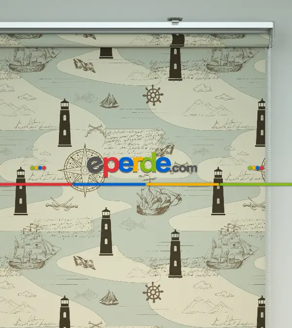 Çocuk Odası Stor Perde - Denizfeneri Desenli Baskılı Stor Perde- Çok Renkli