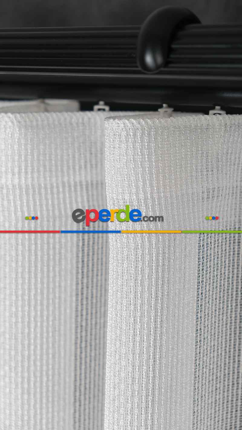 Ekru Çizgili Tül Perde, Ağır Gramajlı Premium Seri, Eteği Kurşunlu