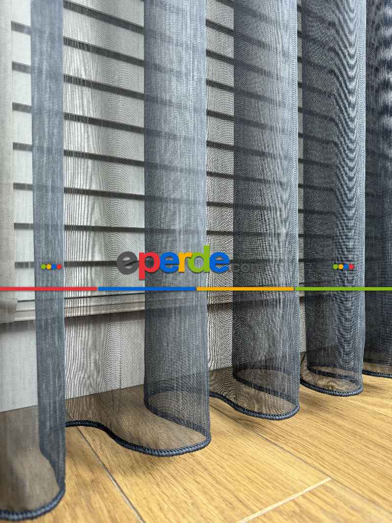 Ekru Antrasit Gri Degrade Geçişli Bambu Tül Perde, Premium Seri, Kurşunlu Tül