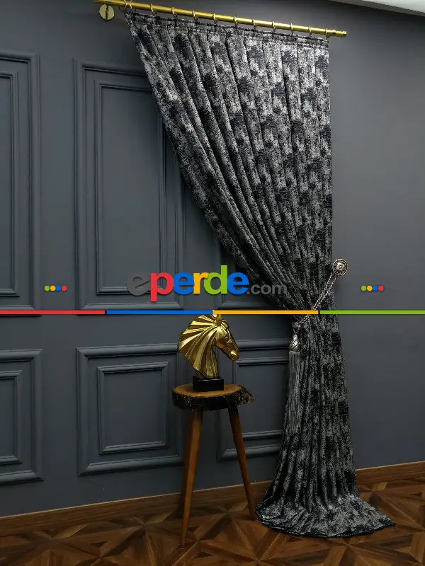 Yatak Odası Fon Patinedesenli Modern Desenli Jakarlı Fon Perde Yeni Seri 401- Lacivert-gri-füme-antrasit-füme