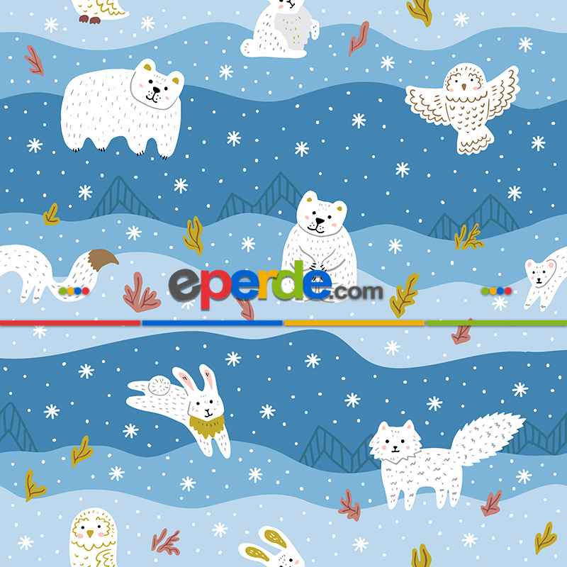 Hayvanlar Desenli Fon Perde Evm677 Kumaşı Kalındır Duck Bezi Değildir- Mavi