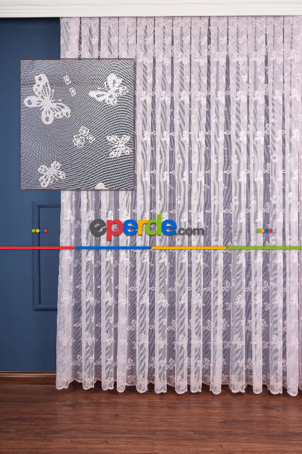 Kız Çocuk Odası Tül Perde -  Kelebekli Desenli Tül Perde - Pembe