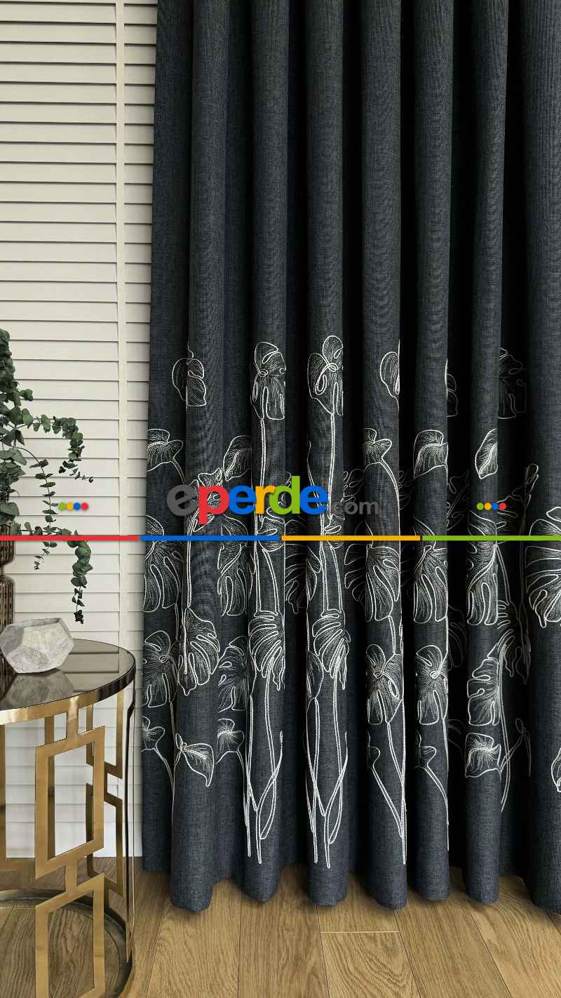 Antrasit Gri Palmiye Yaprak Desen Premium Keten Jakar Dokuma Nakışlı Pano Fon Perde - Gramajlı 2025