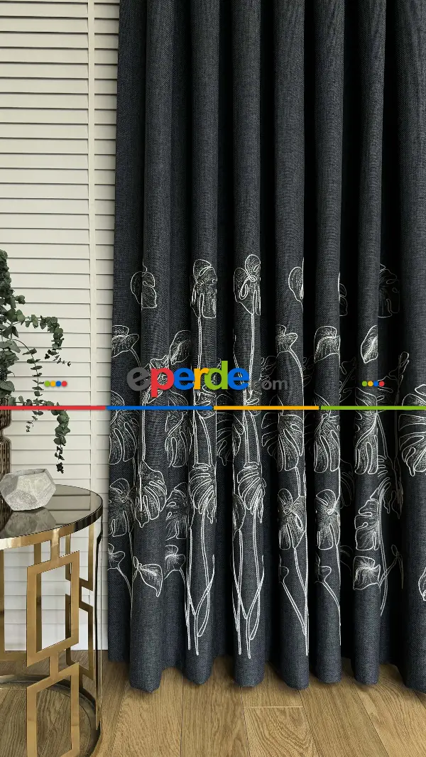 Antrasit Gri Palmiye Yaprak Desen Premium Keten Jakar Dokuma Nakışlı Pano Fon Perde - Gramajlı 2025