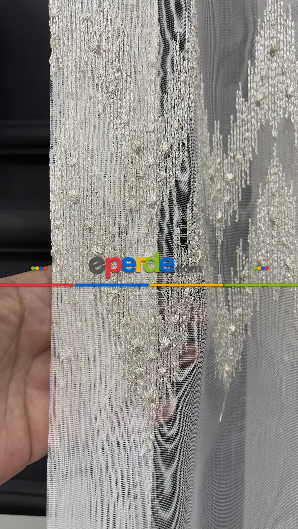 Mutfak Tül Perde - Desenli Tül - Altın Simli Hafif Keten Tül - Etek Ucu Nakışlı Tül Perde -  Salon Tül Perde