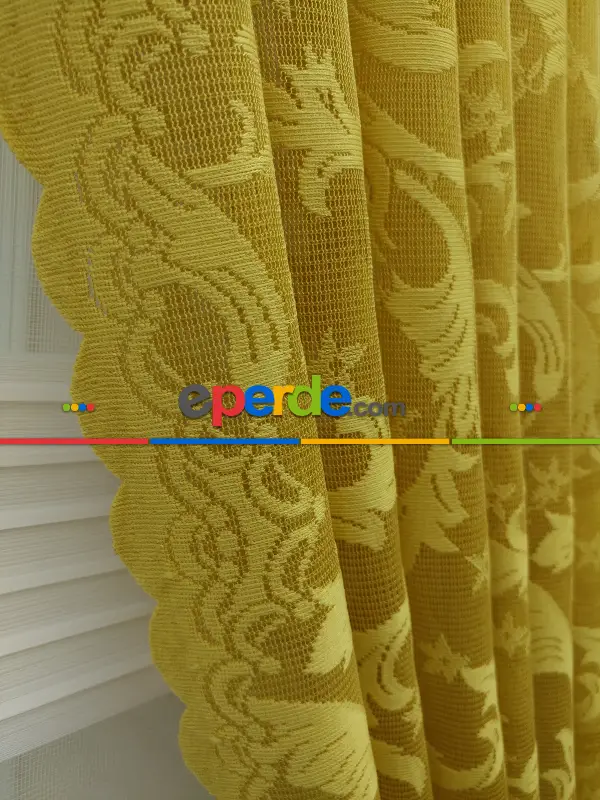 Sarı - Desenli Dantel Tül Fon Perde- Sarı