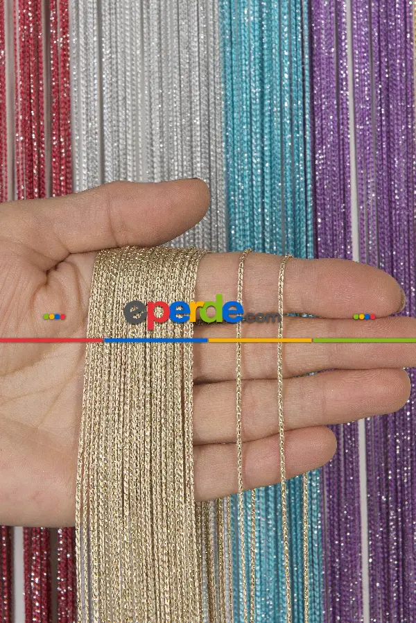 İnce Zincir Seri İp Perde Bej Altın- Bej-altın Simli