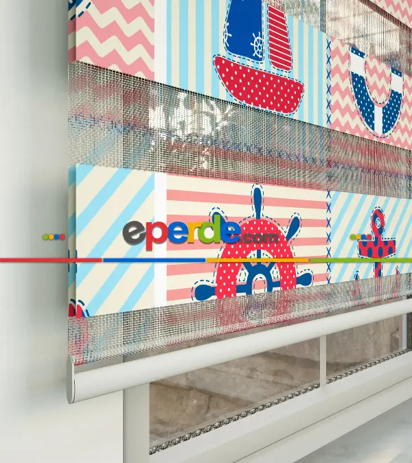 Bebek Odası Zebra Perde - Gemi Ve Çapa Desen Baskılı Zebra Perde- Lacivert-Mavi-Kırmızı