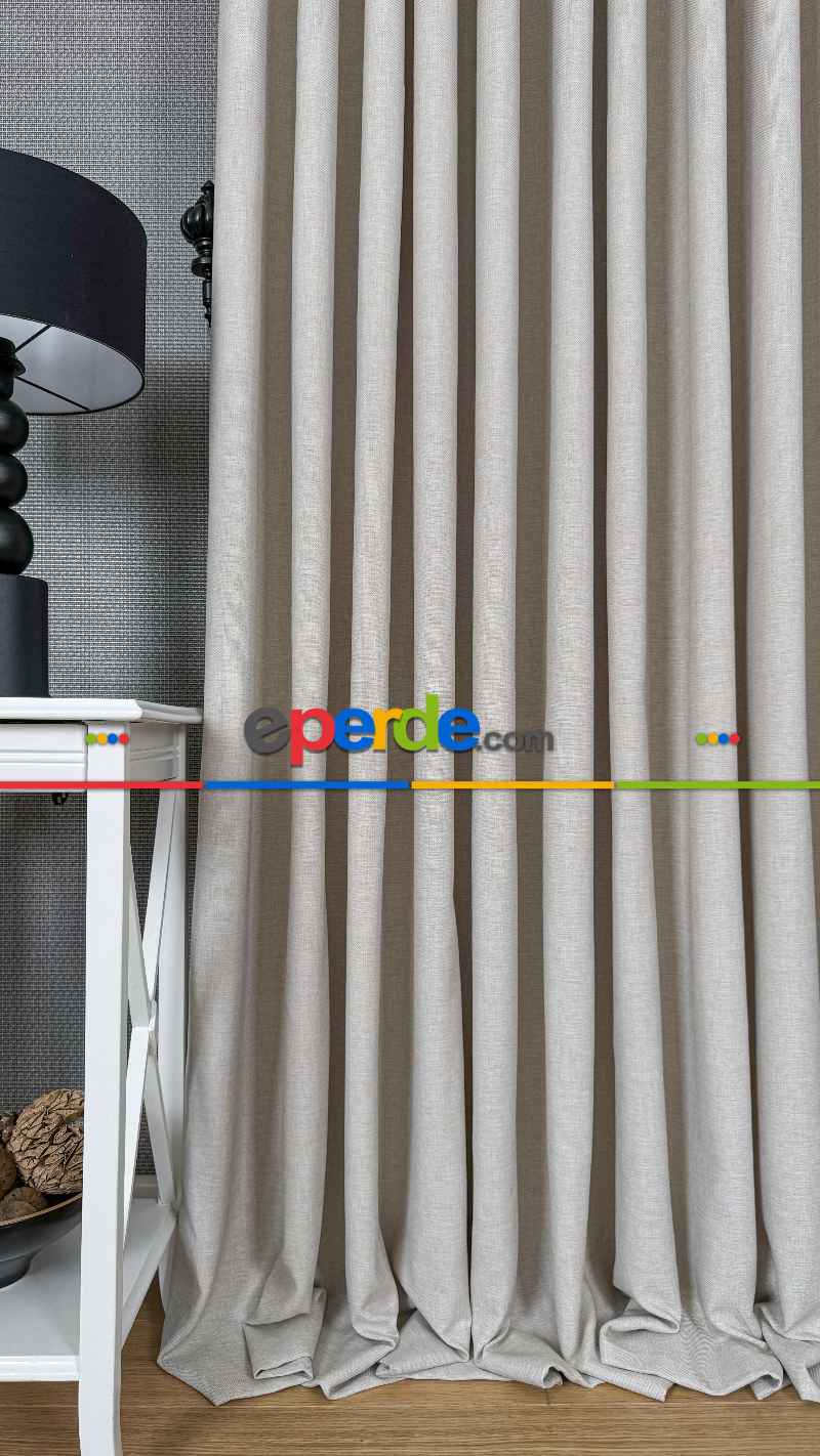 Krem Düz Naturel Keten S Pile Fon Perde, Premium Kalite Serisi Ağır Gramajlı