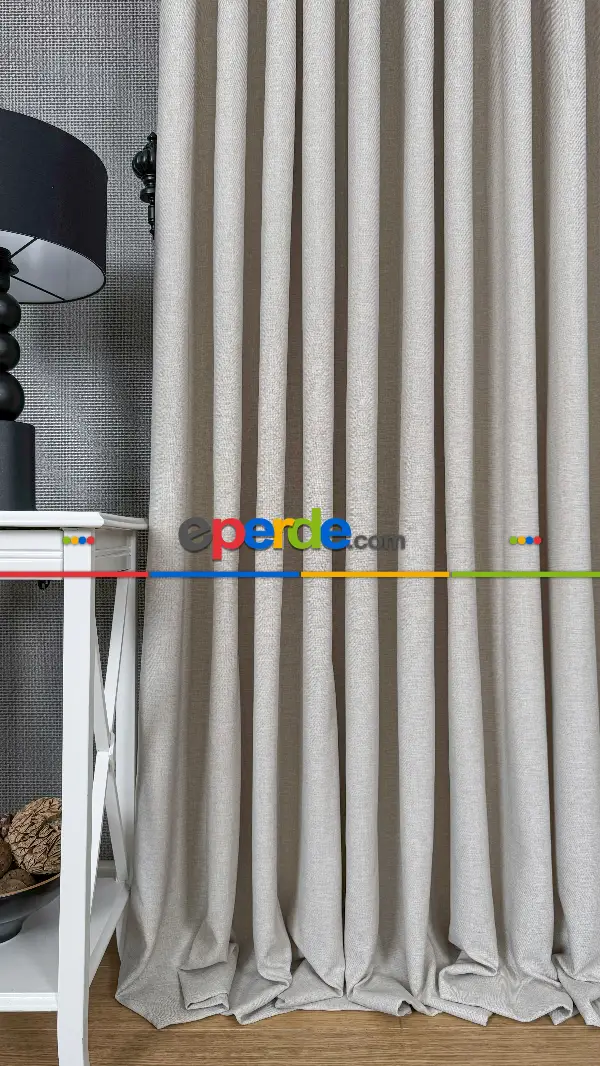 Krem Düz Naturel Keten S Pile Fon Perde, Premium Kalite Serisi Ağır Gramajlı