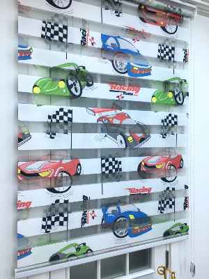 Zebra Perde - Araba-far Baskılı Çocuk Ve Genç Odası- Yeşil-mavi-kiremit Rengi