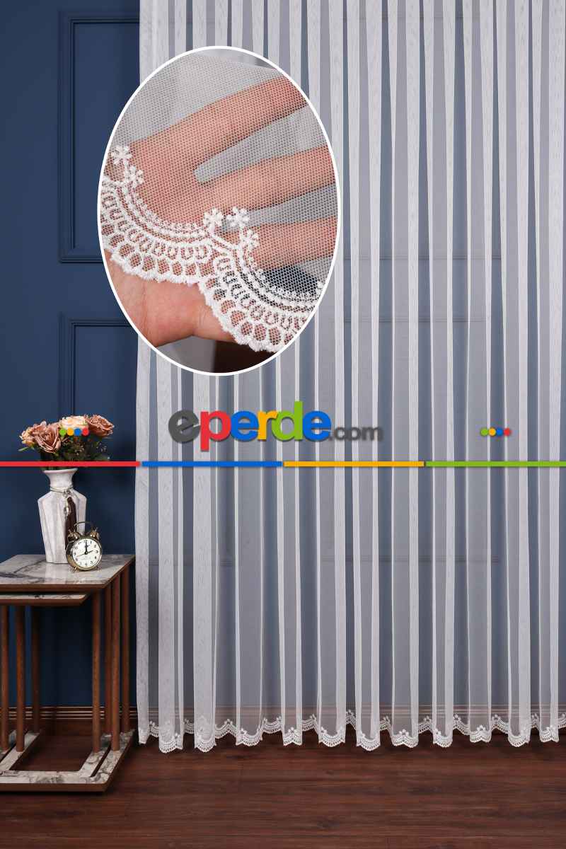 Grek Etek Ucu İşlemeli Nakış Tül Ekru Renk - Kırık Beyaz- Ekru