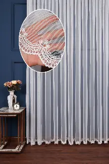 Mutfak - Grek Etek Ucu İşlemeli Nakış Tül Ekru Renk - Kırık Beyaz- Ekru