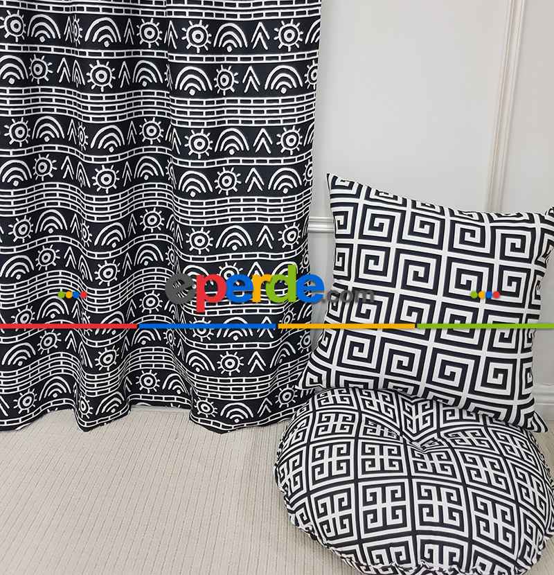 Etnik Desenli Fon Perde Evm1522 Kumaşı Kalındır Duck Bezi Değildir- Siyah