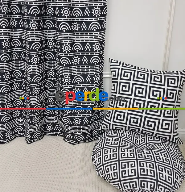 Etnik Desenli Fon Perde Evm1522 Kumaşı Kalındır Duck Bezi Değildir- Siyah