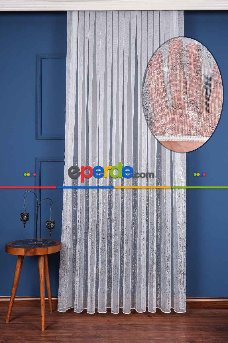 Salon Tül - Benekli Dijital Baskılı Tül Perde Ekru-gümüş