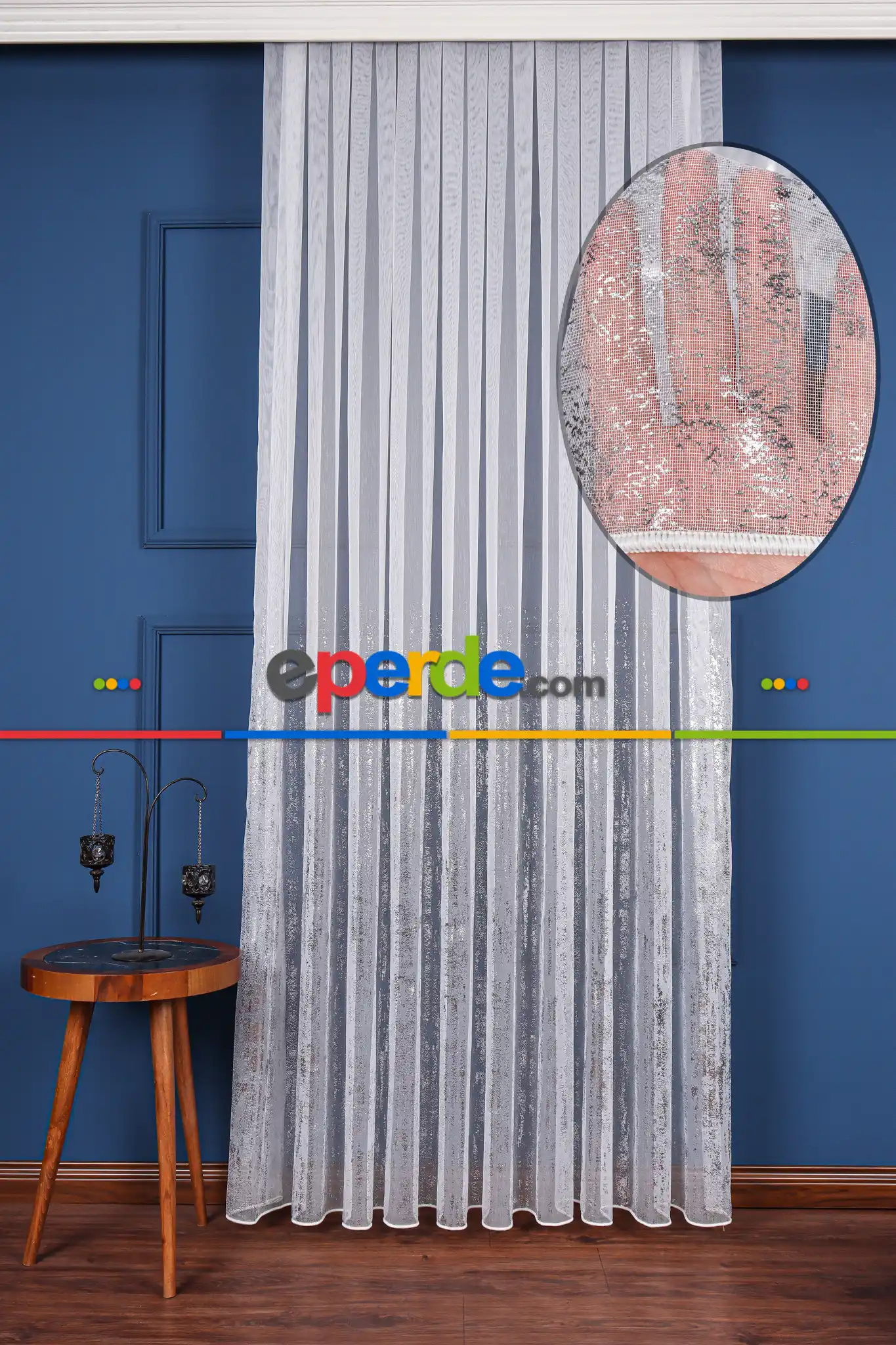 Salon Tül - Benekli Dijital Baskılı Tül Perde Ekru-gümüş