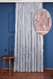 Salon Tül - Benekli Dijital Baskılı Tül Perde Ekru-gümüş