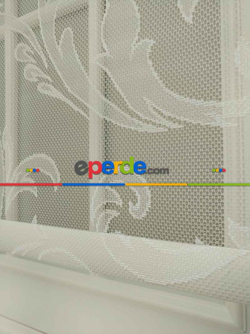 Jakar Örme Tül- Ekru Çiftli Sistem Dantel Desenli Perde- Ekru