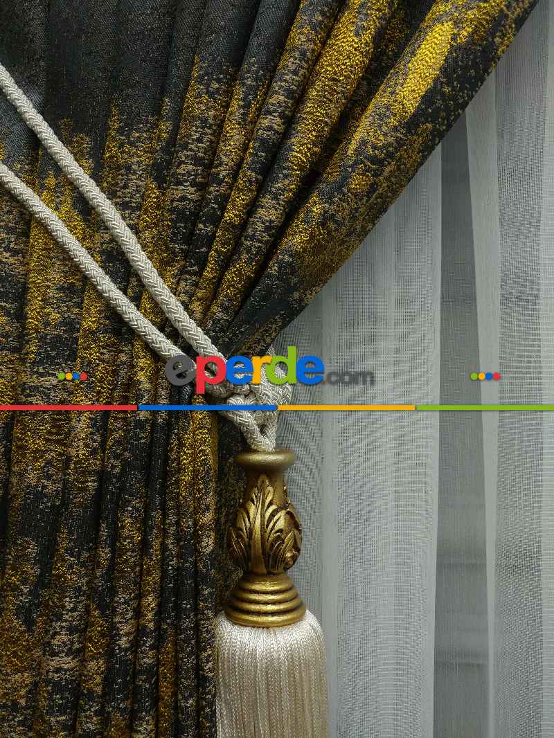 Patinedesenli Hardal Jakar Fon Perde (180)- Hardal