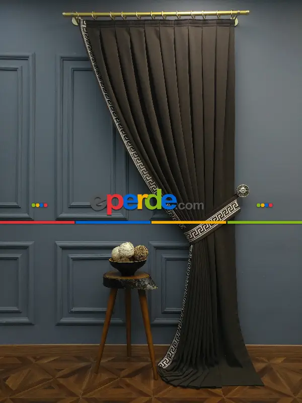 Modern Bordürlü Salon Fon Perdesi İkon 2021 Elıte- Krem Açık-kahve Venge-kahve