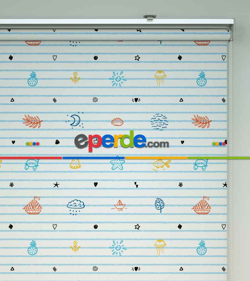 Çocuk Odası Stor Perde - Denizci Desenli Baskılı Stor Perde- Çok Renkli