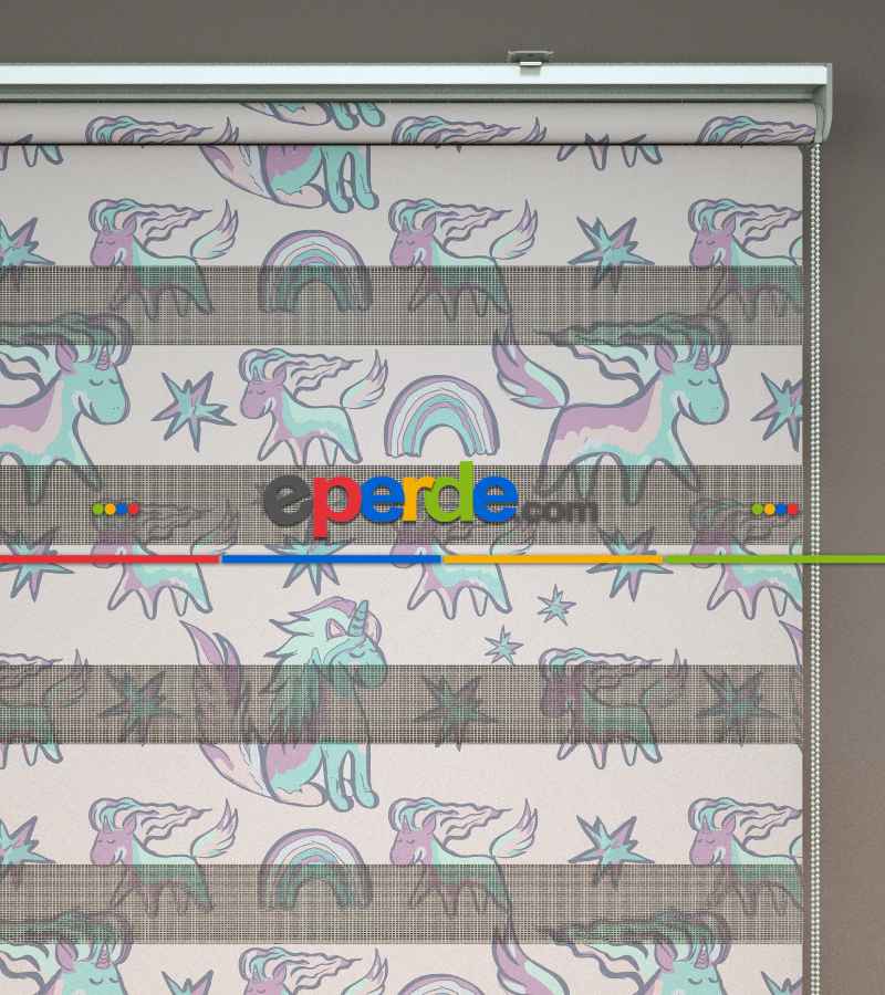 Unicorn Desenli Baskılı Zebra Perde- Çok Renkli